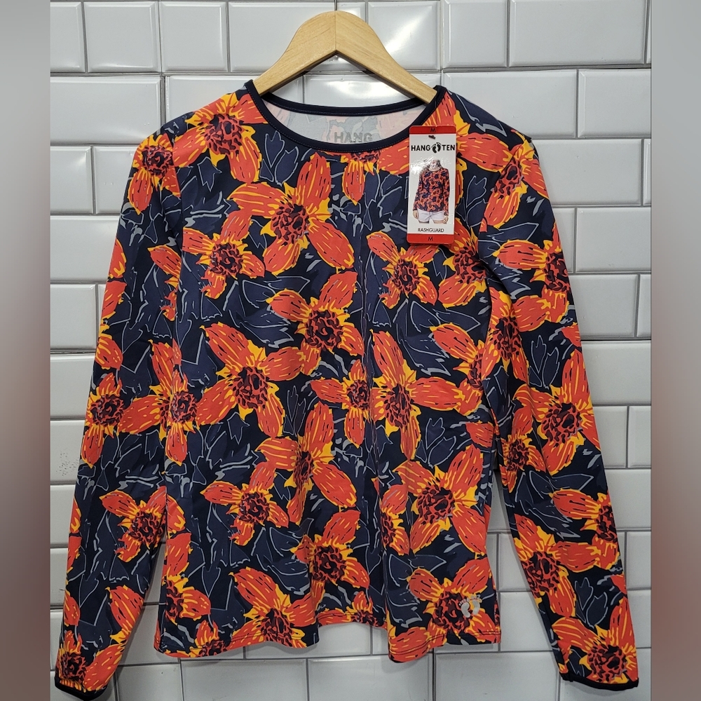 NWT HANG TEN Women’s Floral Print Rashguard Long Sleeve Crew Neck UPF+50Rear Zi